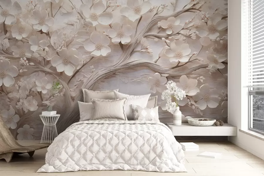 wall murals Textured tree with white flowers and a brown trunk, the background is white with horizontal lines soft lighting w09166