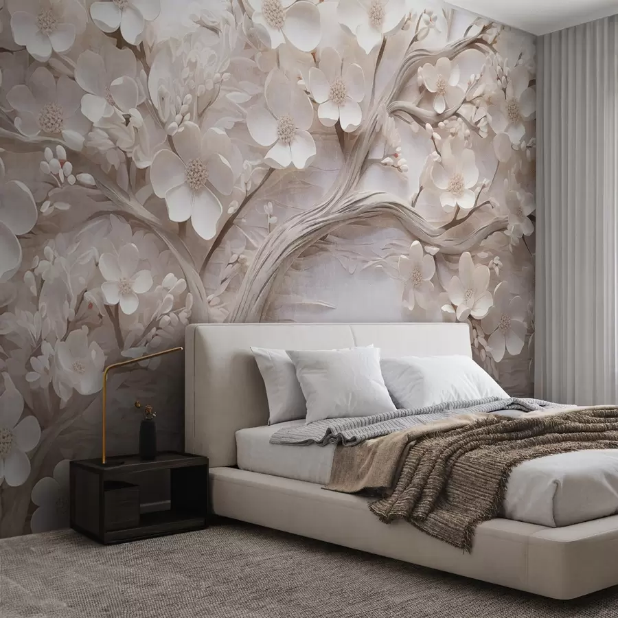 wall murals Textured tree with white flowers and a brown trunk, the background is white with horizontal lines soft lighting w09166