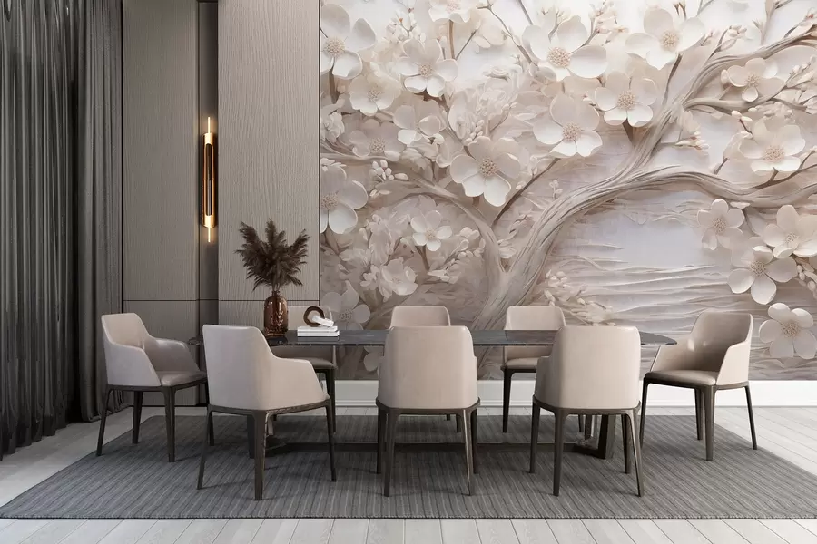 wall murals Textured tree with white flowers and a brown trunk, the background is white with horizontal lines soft lighting w09166