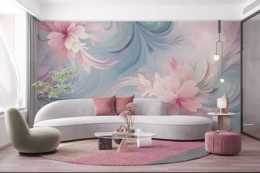 wall murals Flowers and leaves in pink and blue color w04048