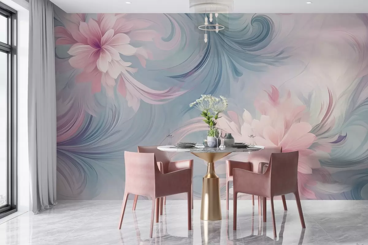 wall murals Flowers and leaves in pink and blue color w04048