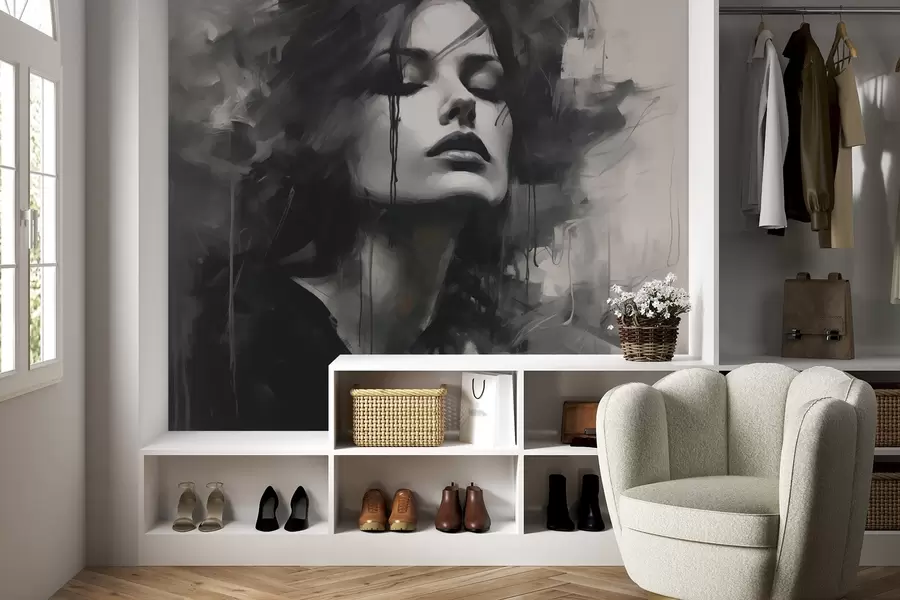 wall murals Portrait of a woman in gray and black garments w04049