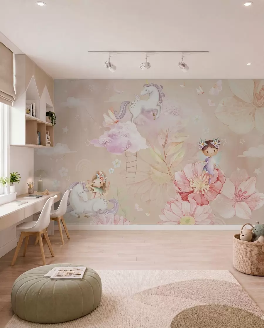 wall murals Fairies in a Unicorn Garden w04051