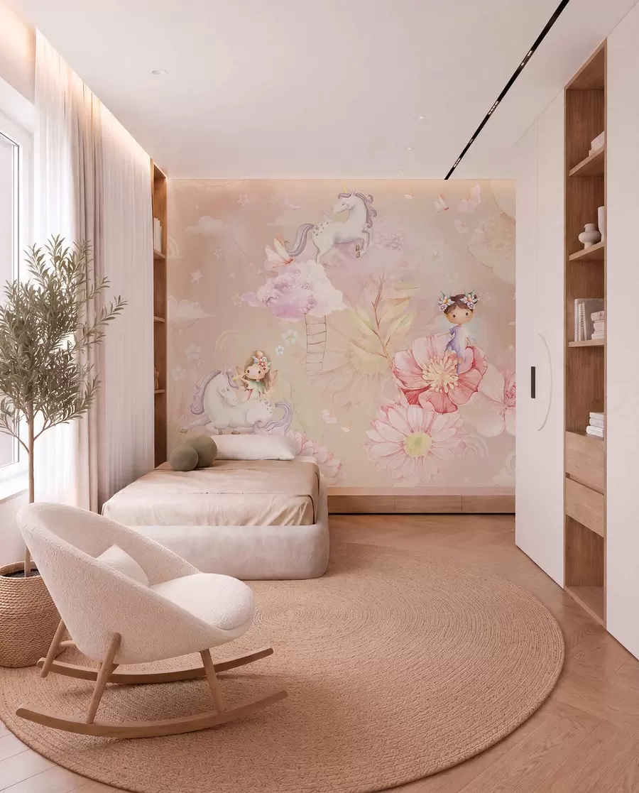 wall murals Fairies in a Unicorn Garden w04051