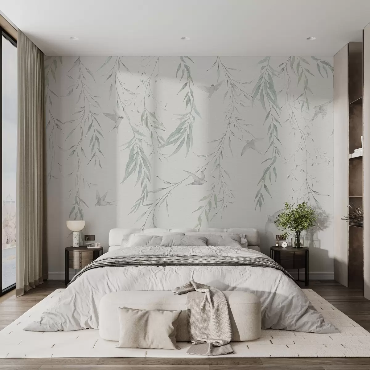 wall murals Twigs with green leaves hanging and birds w04052