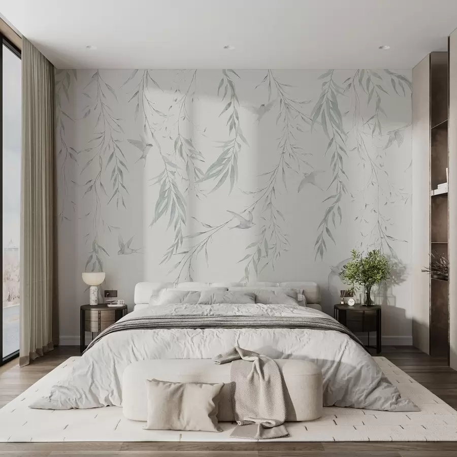 wall murals Twigs with green leaves hanging and birds w04052