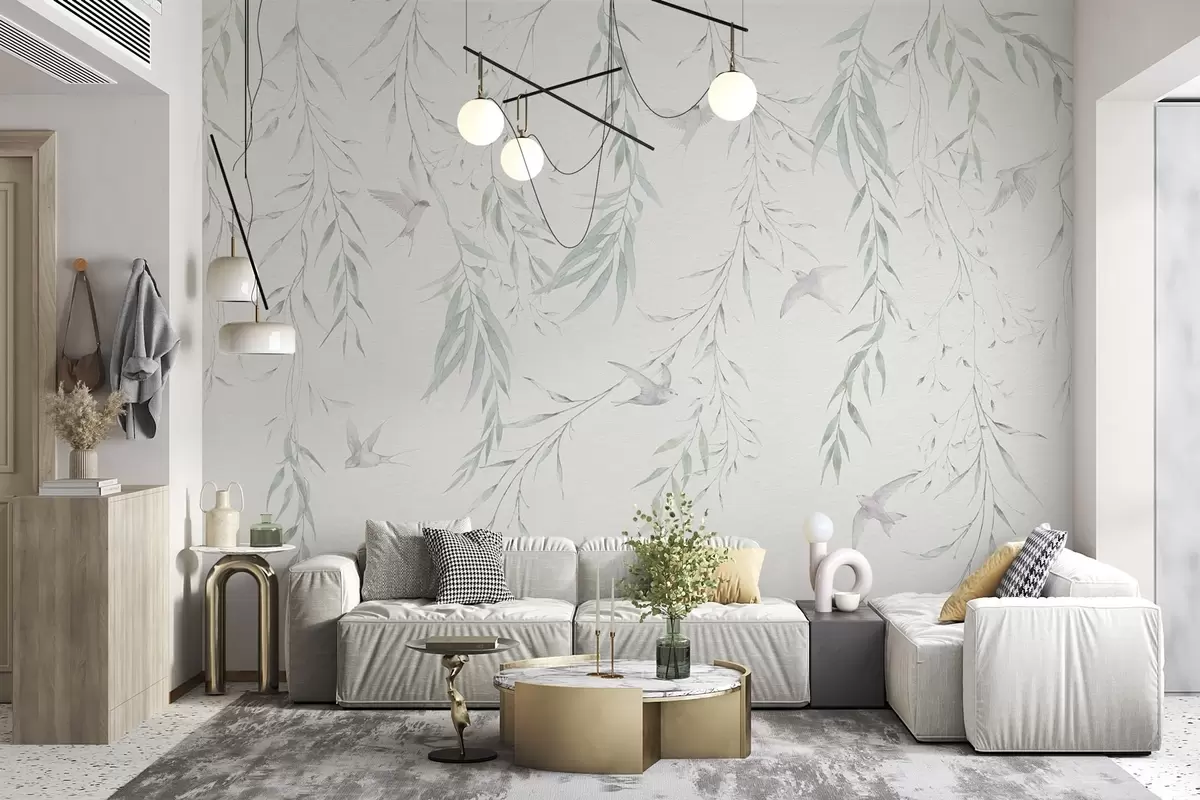 wall murals Twigs with green leaves hanging and birds w04052