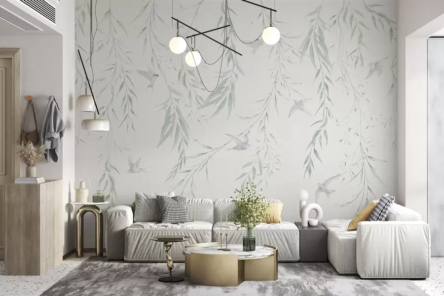 wall murals Twigs with green leaves hanging and birds w04052