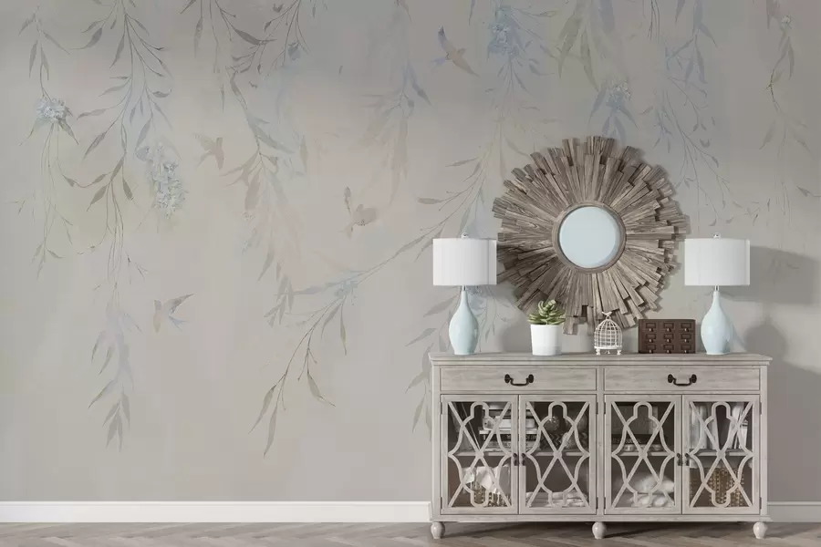 wall murals Branches with hanging leaves and birds w04053