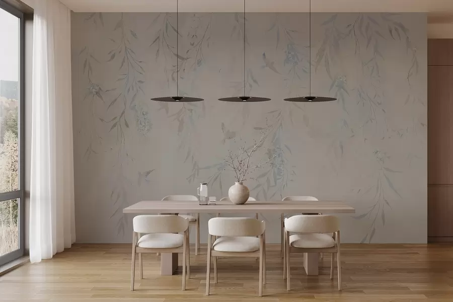 wall murals Branches with hanging leaves and birds w04053