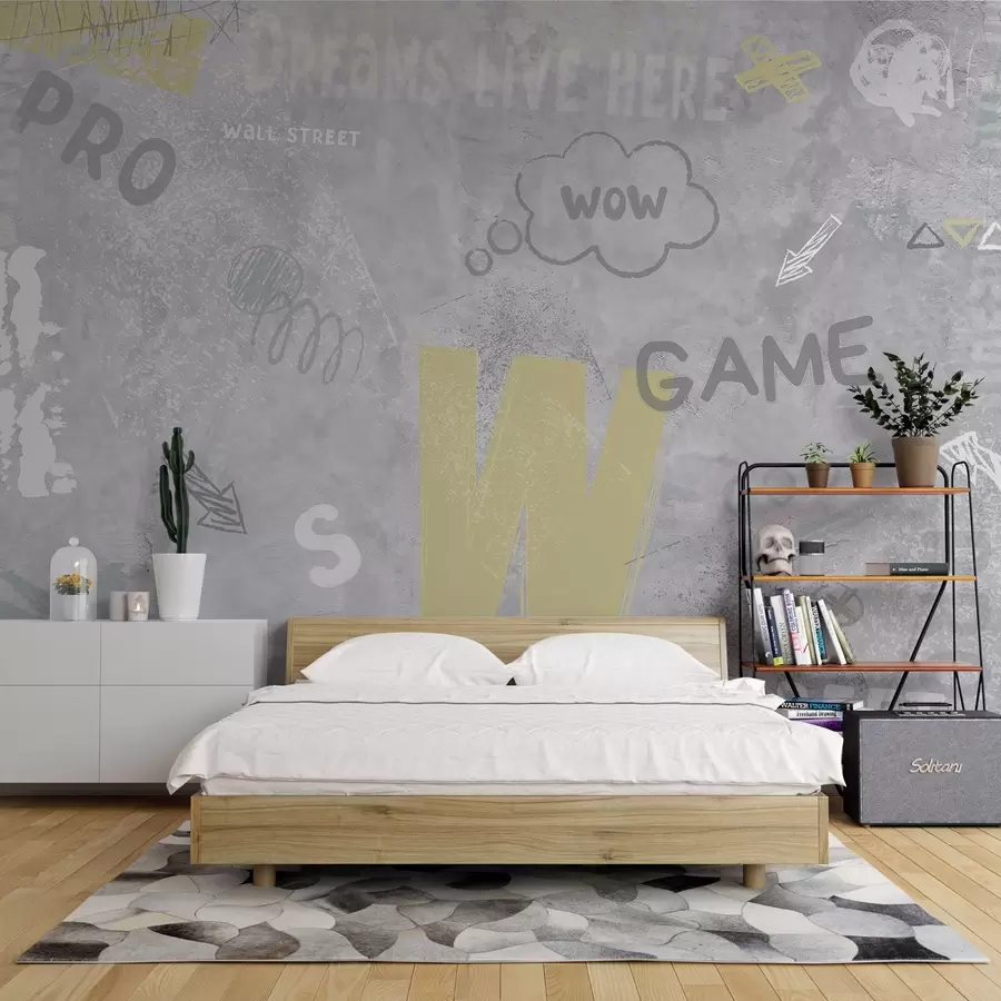 wall murals Design in street art style with yellow color inscriptions on the background of concrete wall w04056