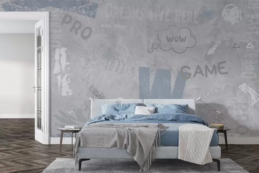 wall murals Design in street art style with blue color inscriptions on the background of concrete wall w04056v1