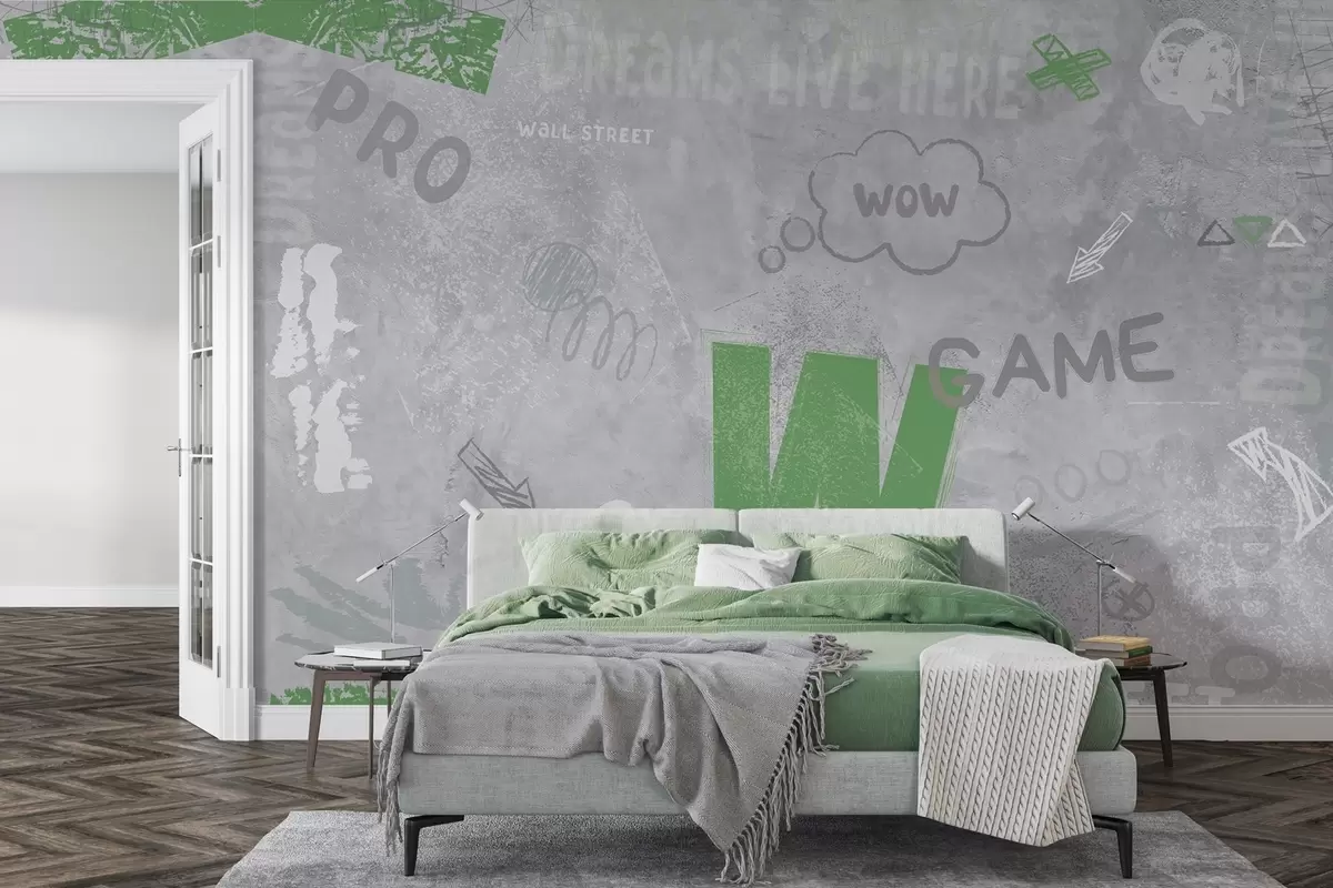 wall murals Street art design with green color lettering on the background of concrete wall w04056v2