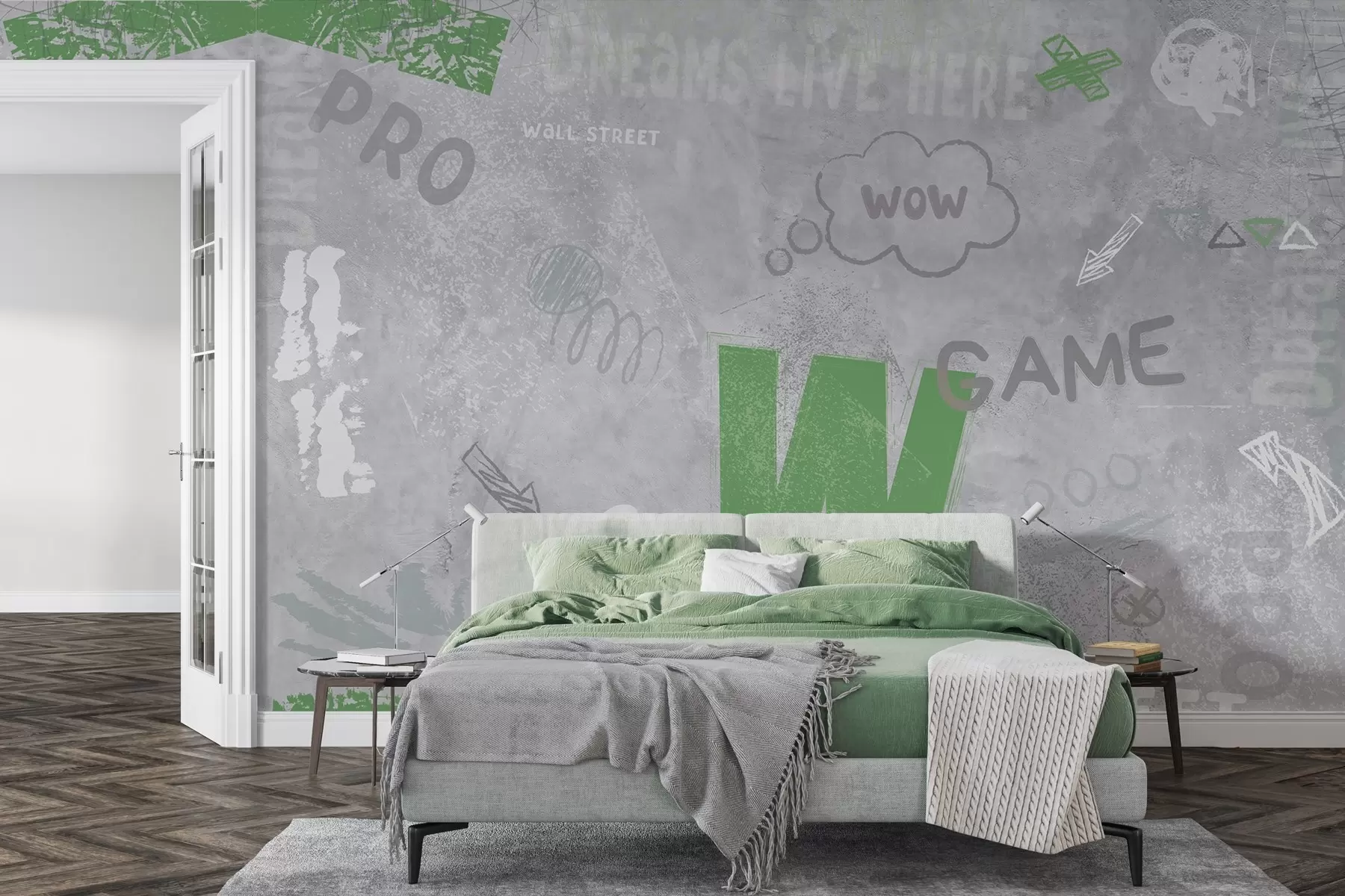 wall murals Street art design with green color lettering on the background of concrete wall w04056v2
