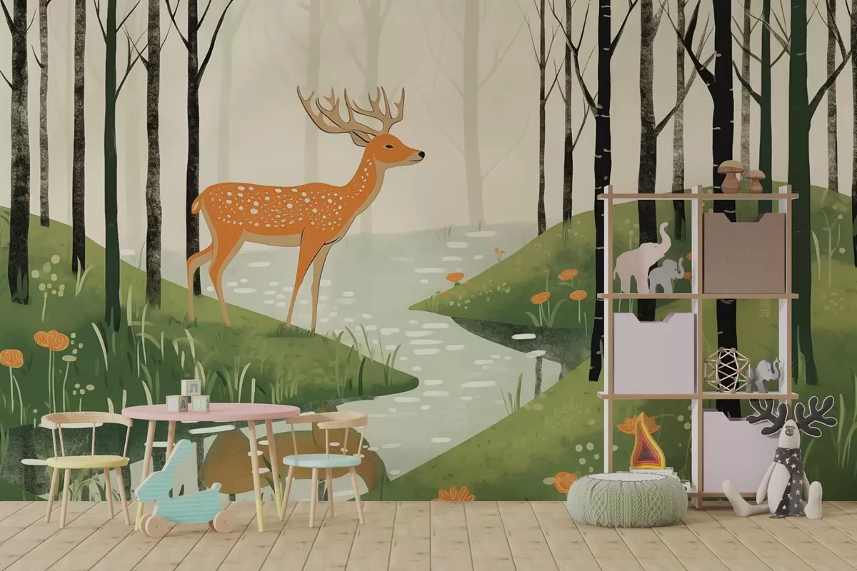 wall murals Fairy forest with olemens and stream w04059