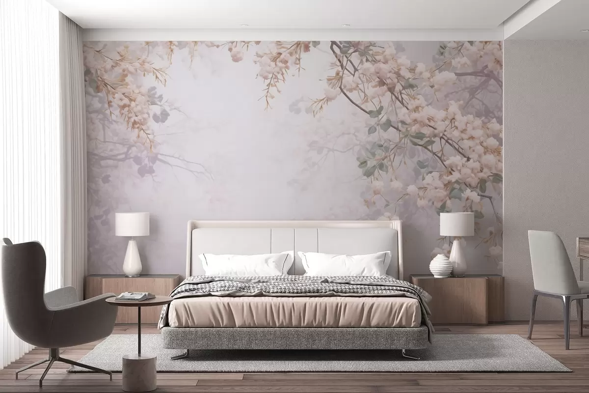 wall murals Branches of flowering tree in the fog w04062