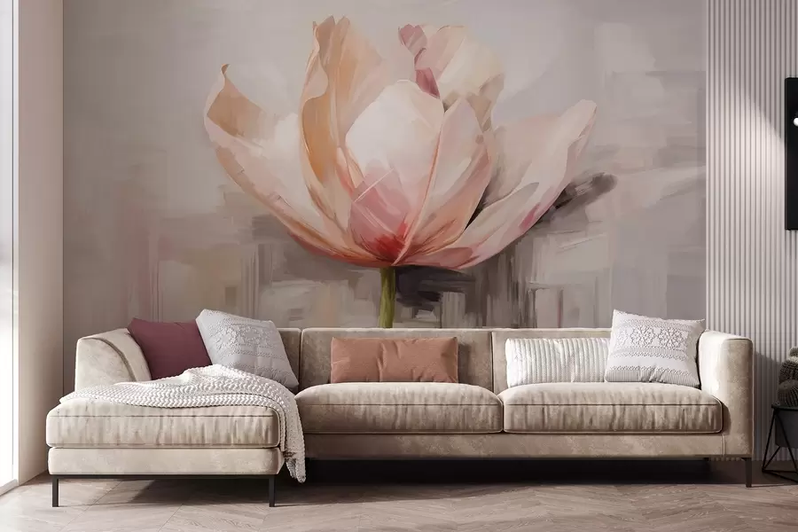 wall murals Pink tulip, oil painting imitation with soft brush strokes, abstract background with pastel shades of gray and beige w09187