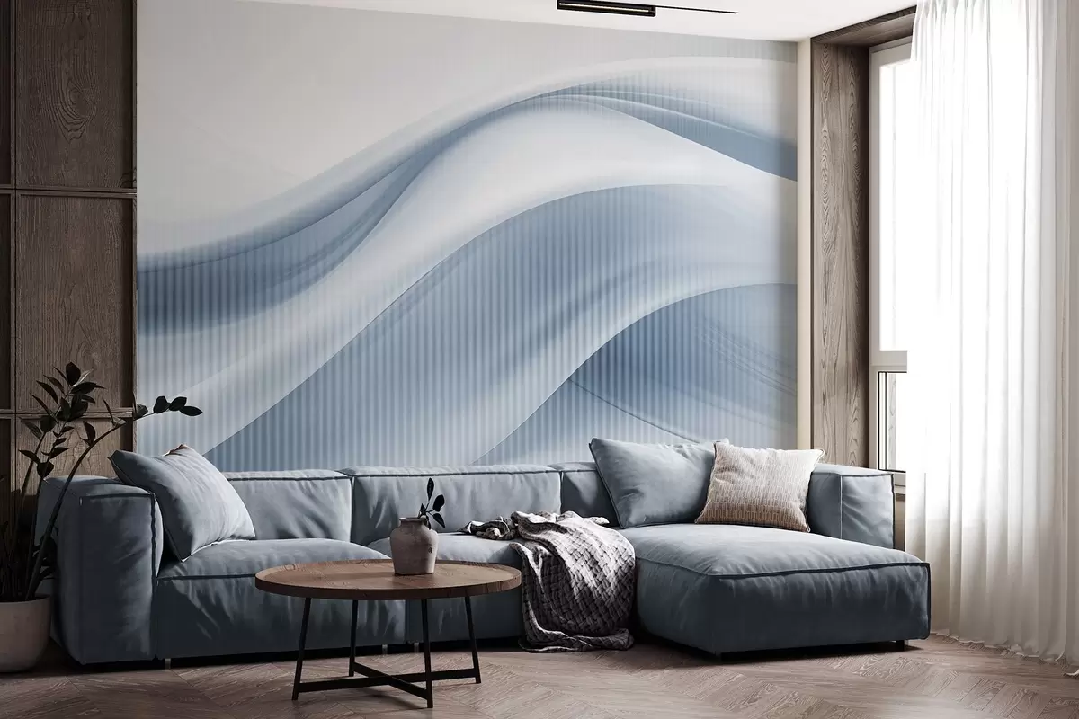 wall murals Abstract print with flowing lines and subtle vertical stripes, creating a sense of movement and depth, blue palette w09189v1