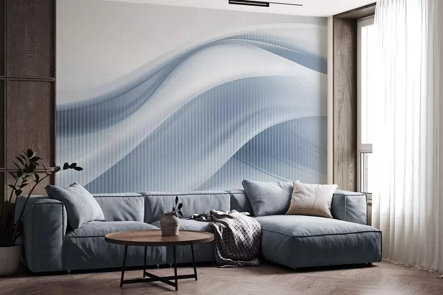wall murals Abstract print with flowing lines and subtle vertical stripes, creating a sense of movement and depth, blue palette w09189v1