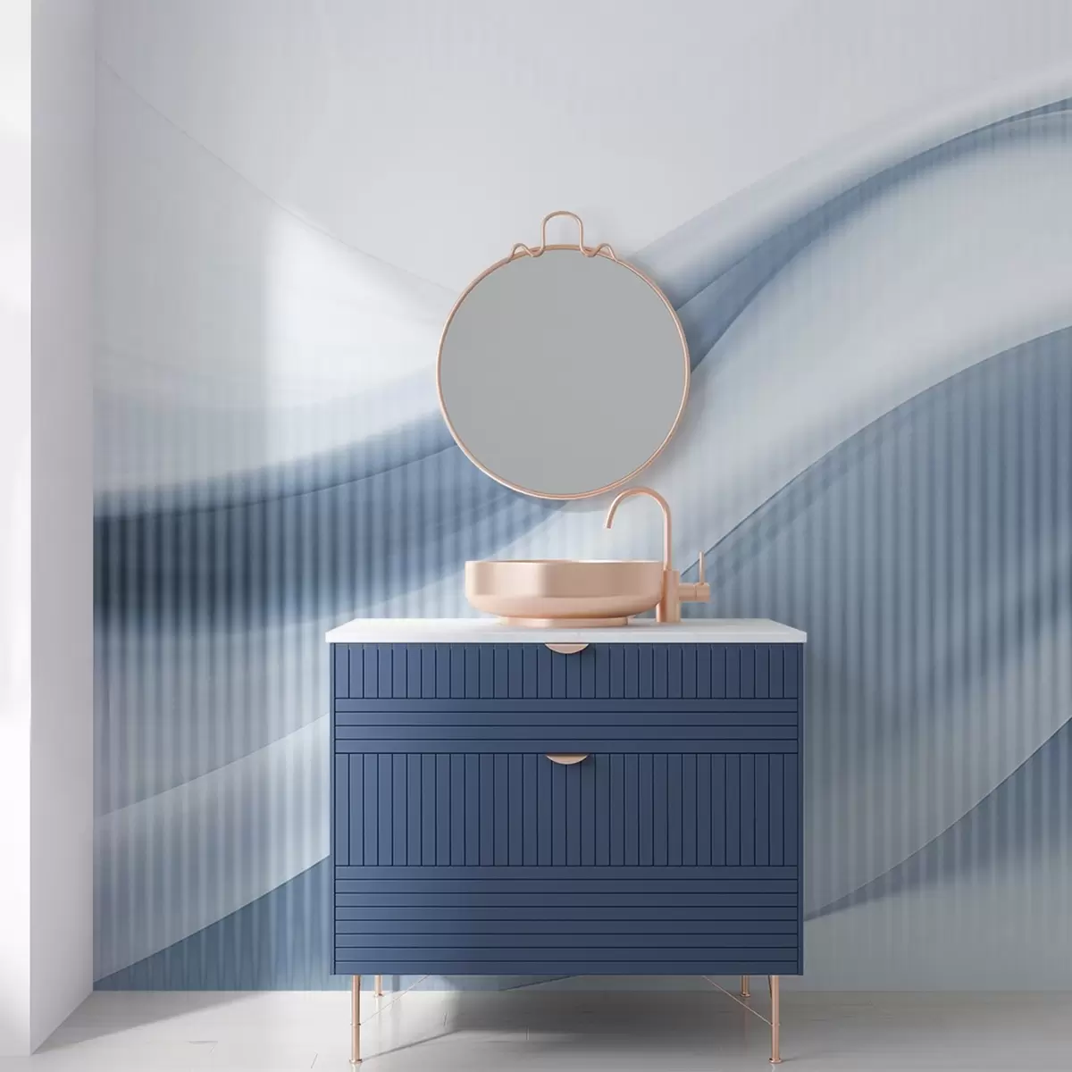 wall murals Abstract print with flowing lines and subtle vertical stripes, creating a sense of movement and depth, blue palette w09189v1