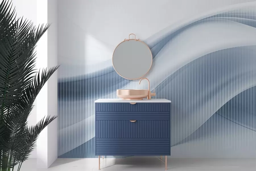 wall murals Abstract print with flowing lines and subtle vertical stripes, creating a sense of movement and depth, blue palette w09189v1