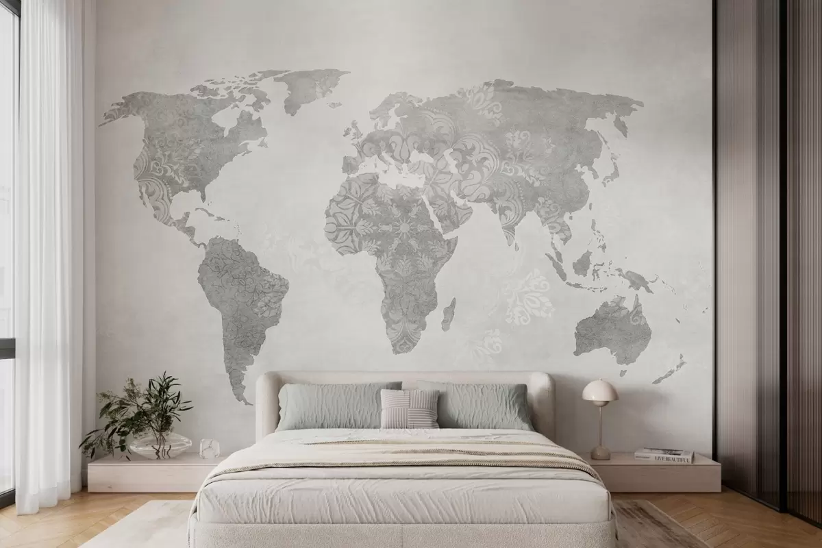 wall murals World map with pattern, monochrome shades w03954v1