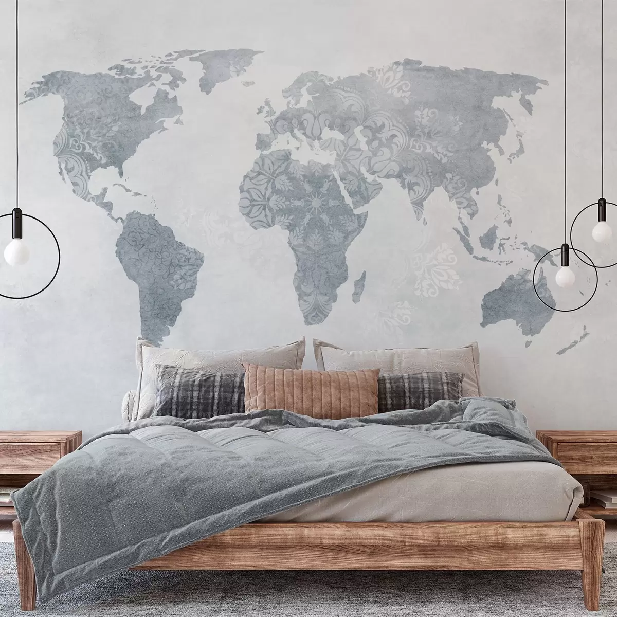 wall murals World map with pattern, blue shades w03954v2