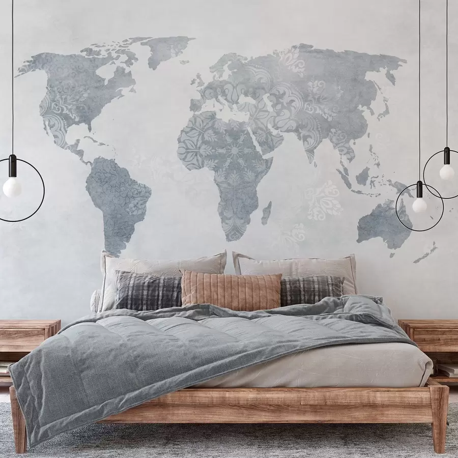 wall murals World map with pattern, blue shades w03954v2
