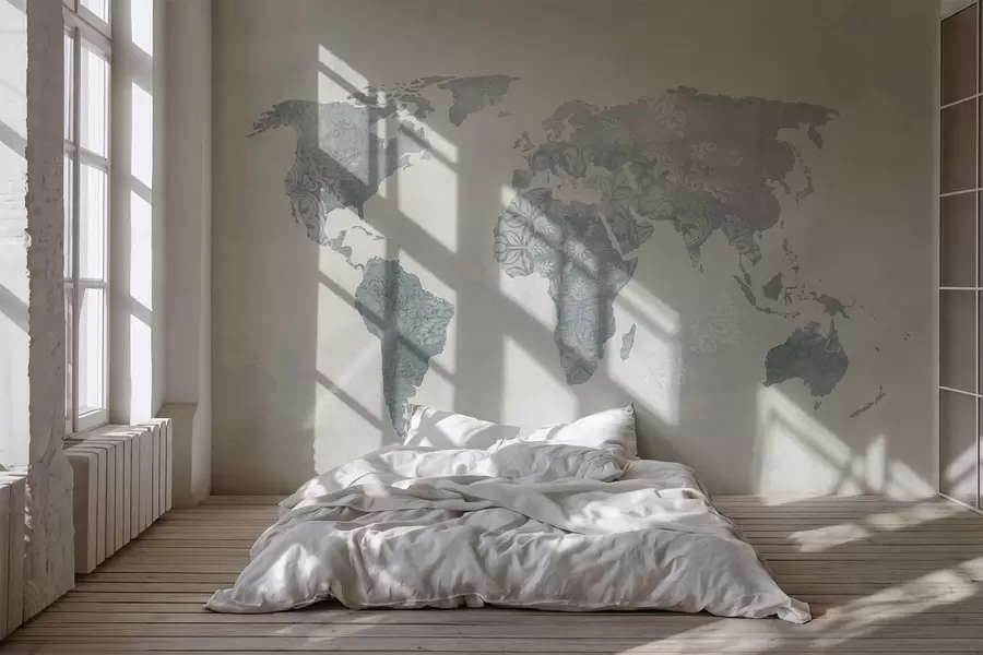 wall murals World map with pattern, blue shades w03954v2