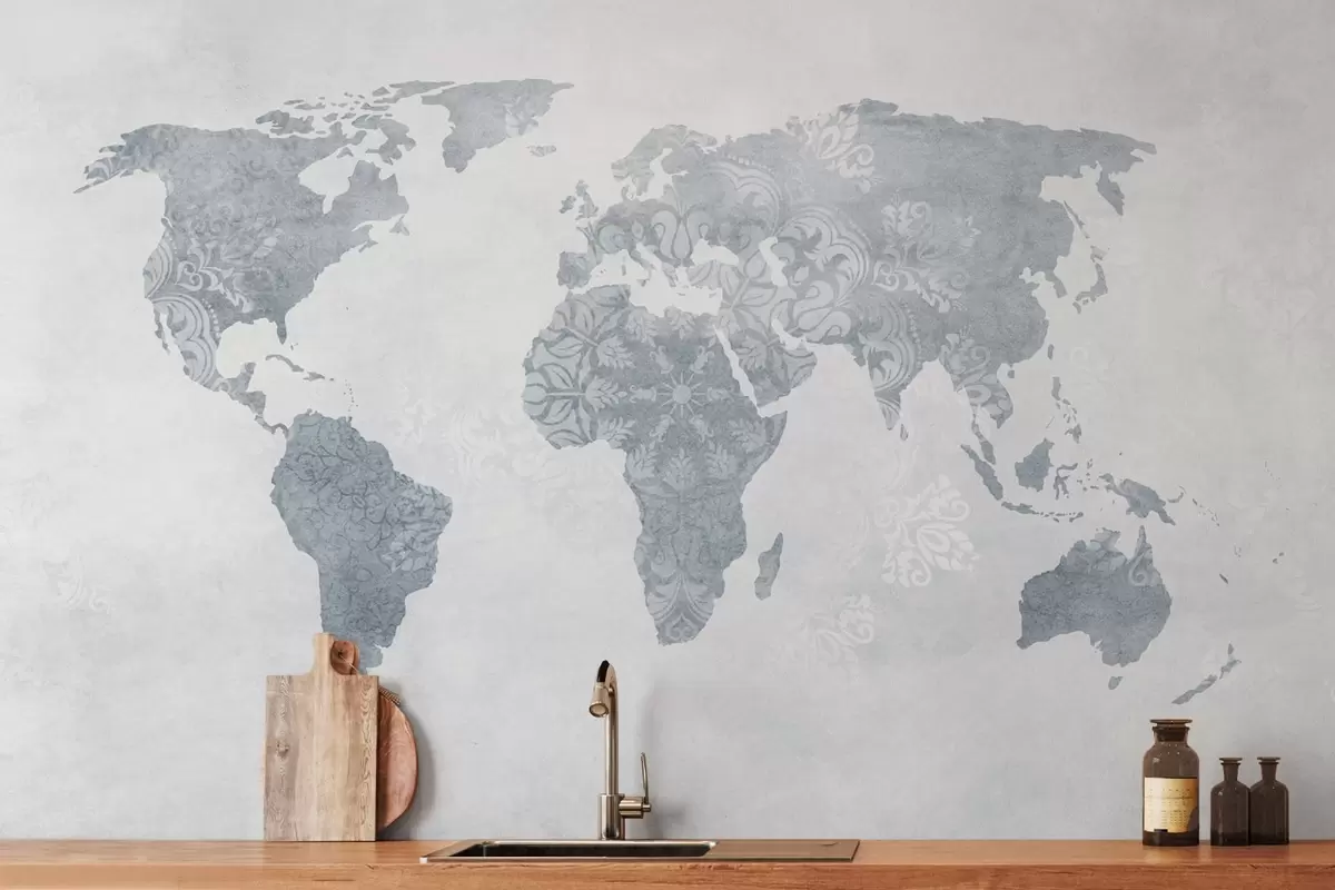 wall murals World map with pattern, blue shades w03954v2
