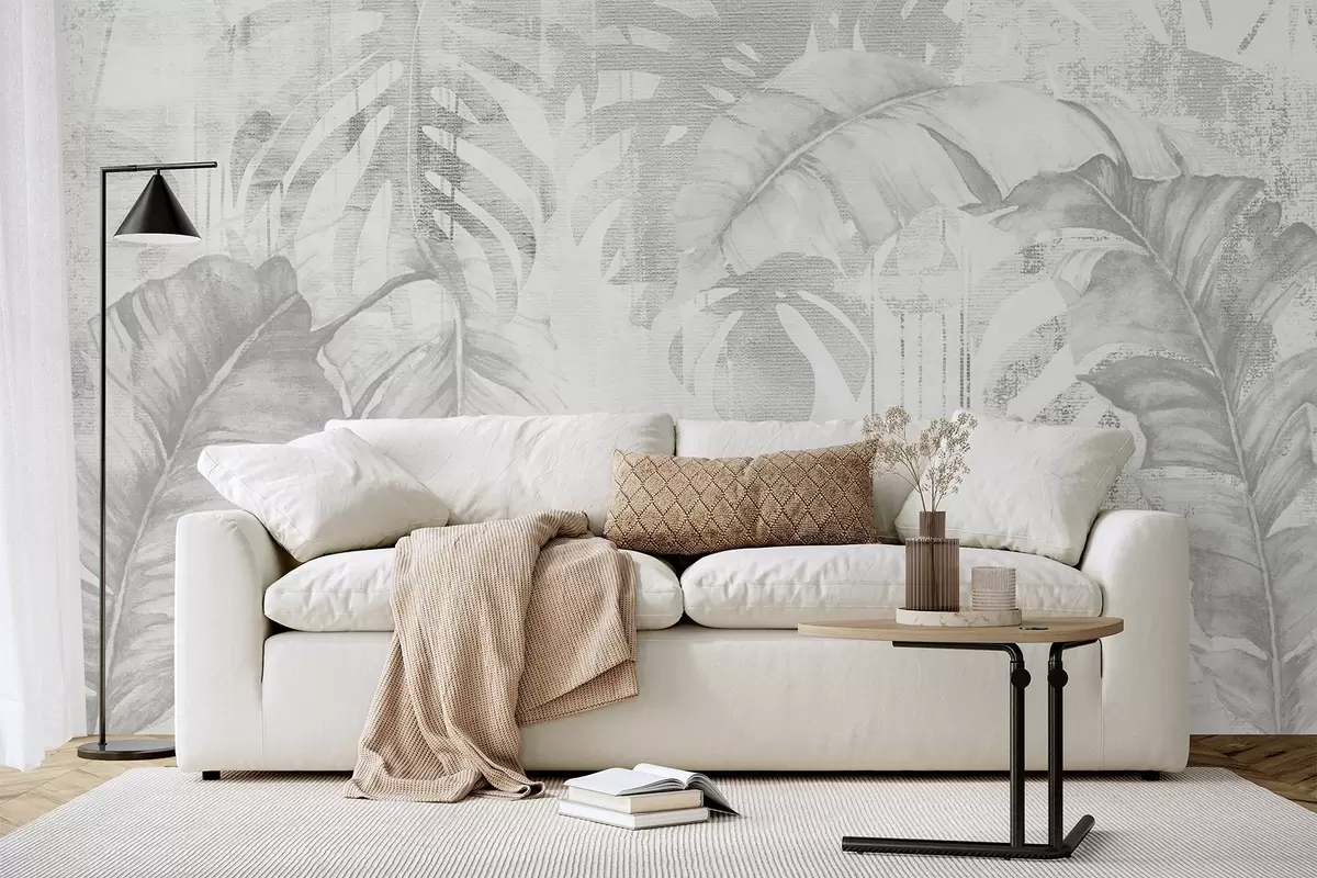 wall murals Tropical leaves in grunge style, monochrome shades w03956v1