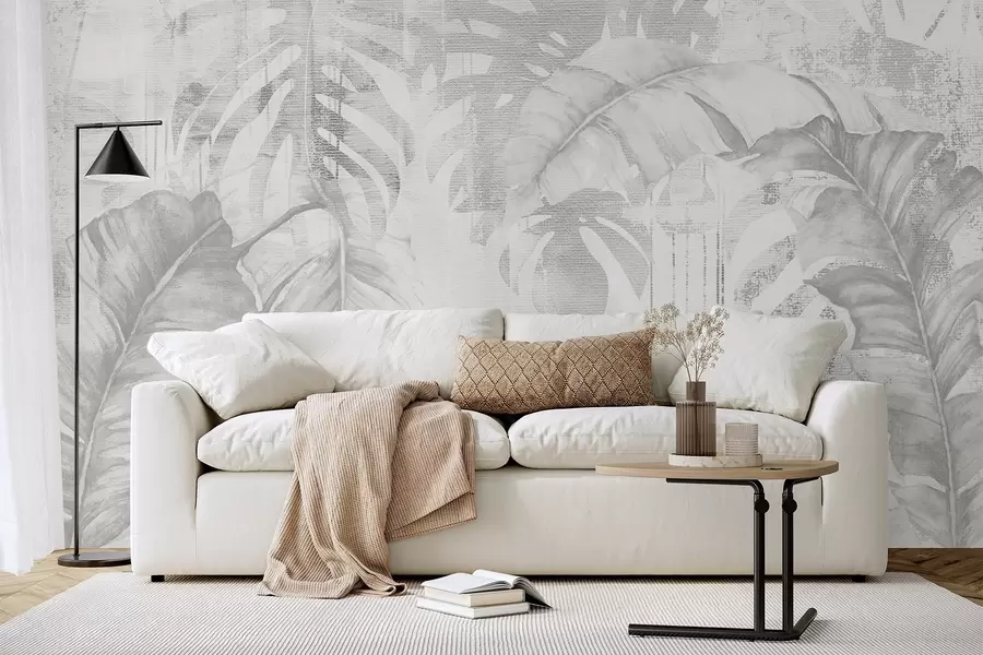wall murals Tropical leaves in grunge style, monochrome shades w03956v1