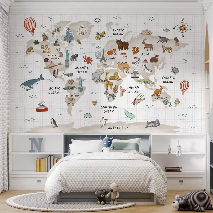 wall murals World map with animals and landmarks w04011