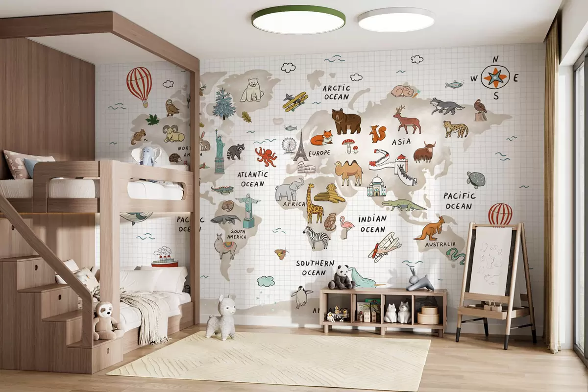 wall murals World map with animals and landmarks w04011