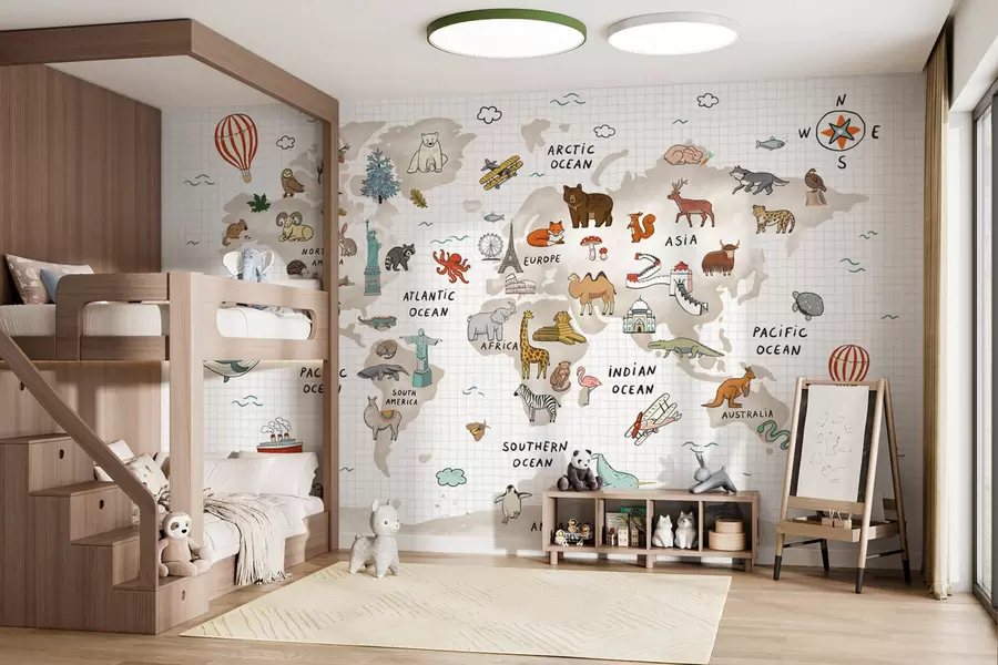 wall murals World map with animals and landmarks w04011