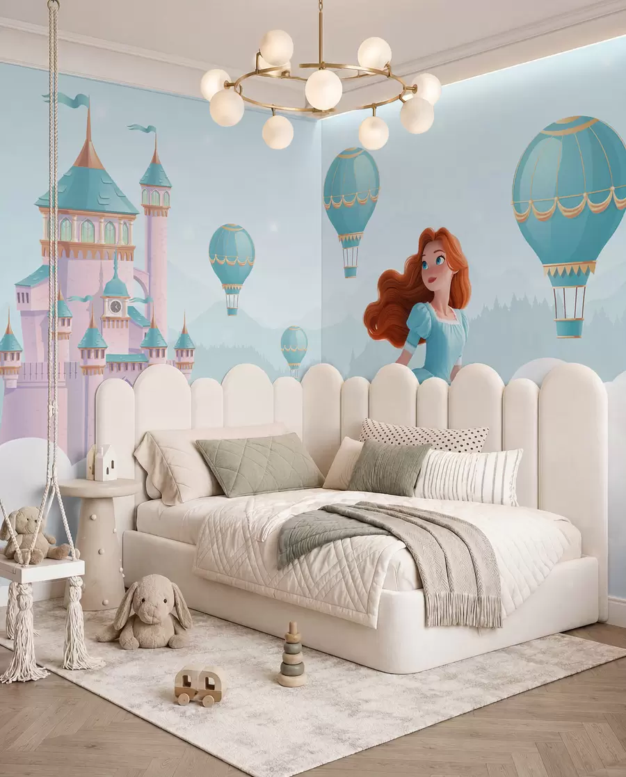 wall murals Princess among the clouds on the background of the landscape with the castle w04015