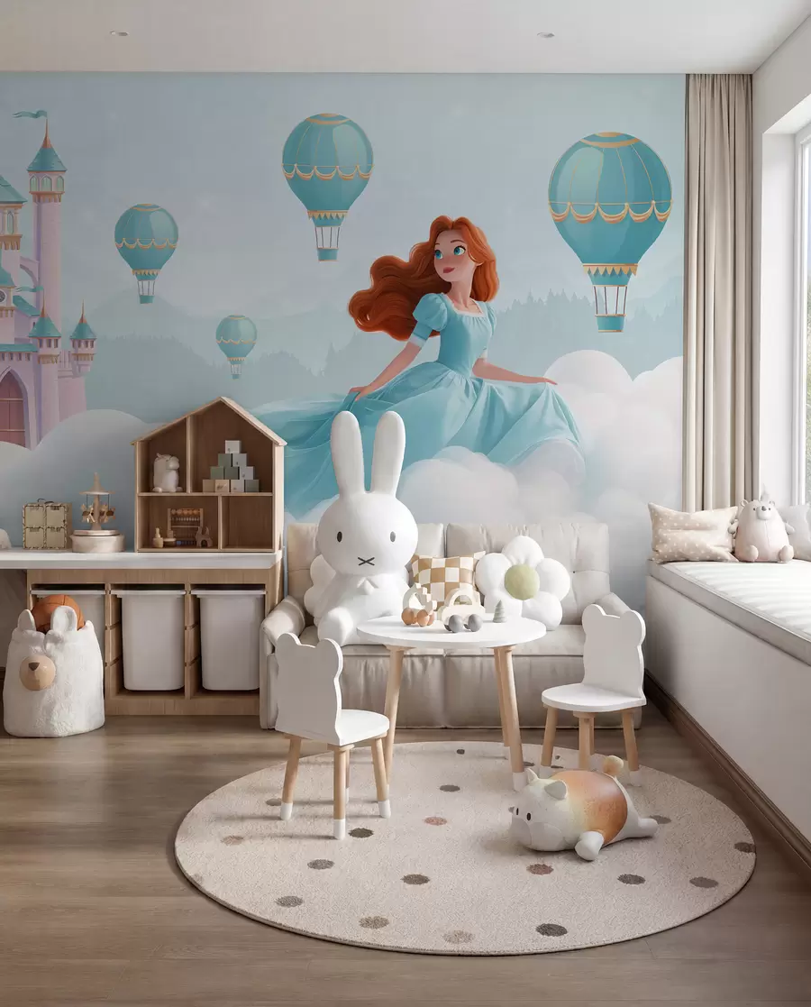 wall murals Princess among the clouds on the background of the landscape with the castle w04015