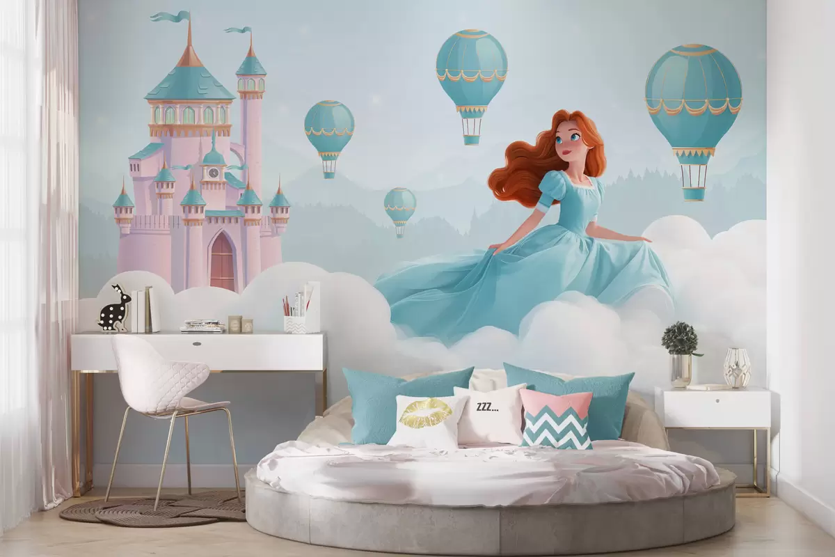 wall murals Princess among the clouds on the background of the landscape with the castle w04015