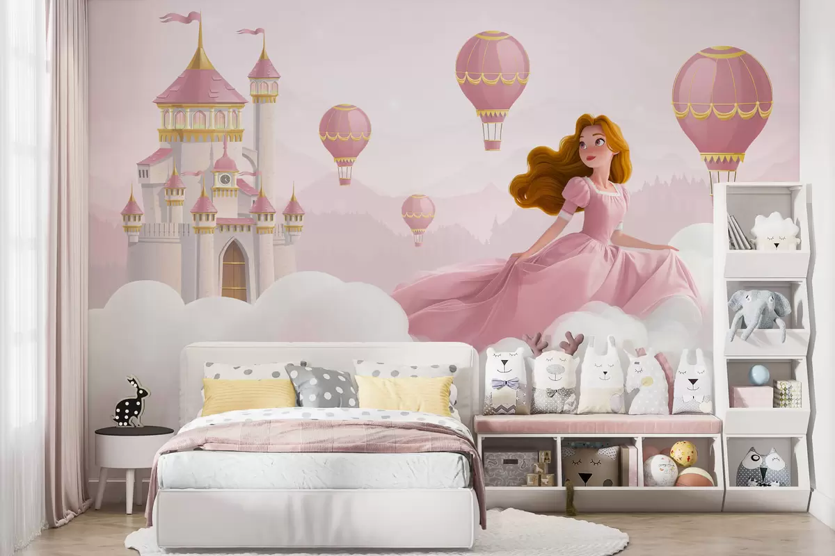 wall murals Princess among the clouds on the background of the landscape with the castle w04015v1