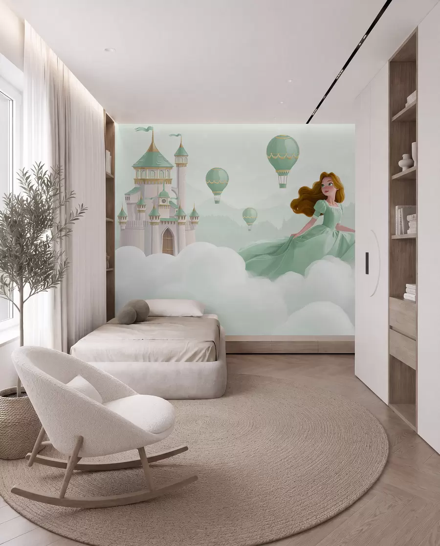 wall murals Princess among the clouds on the background of the landscape with the castle w04015v2