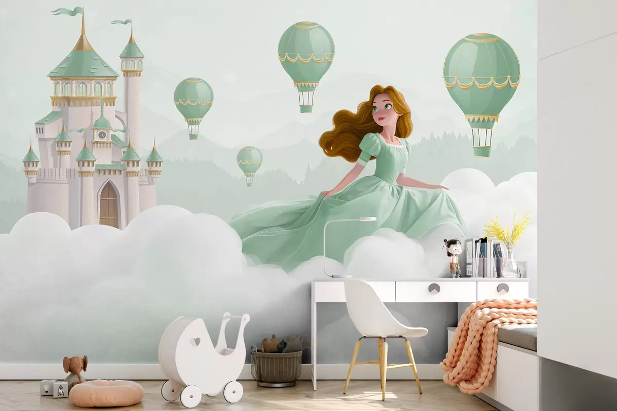 wall murals Princess among the clouds on the background of the landscape with the castle w04015v2