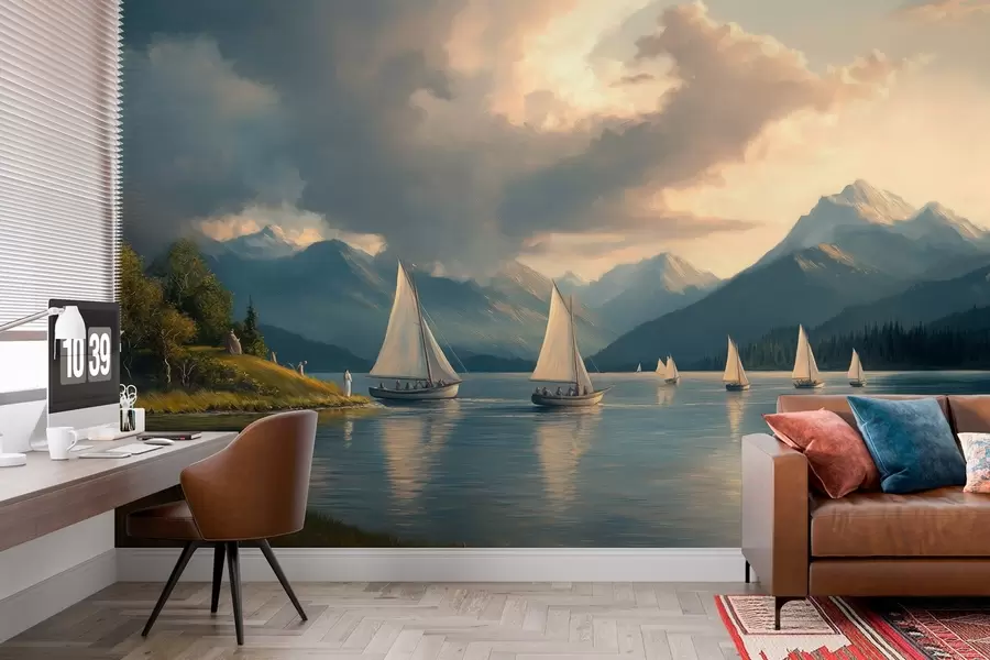 wall murals regatta on a lake with a cloudy sky in the style of a 19th century oil painting w04076