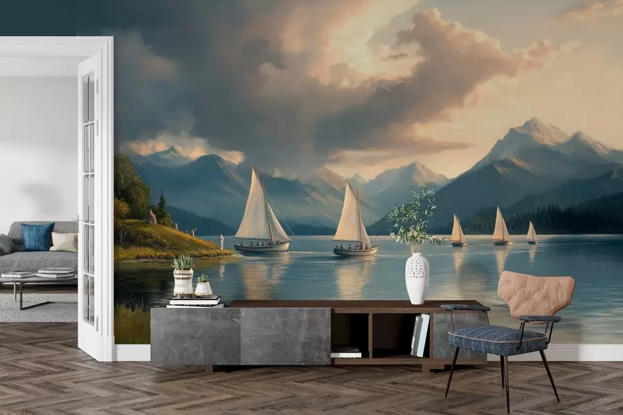 wall murals regatta on a lake with a cloudy sky in the style of a 19th century oil painting w04076