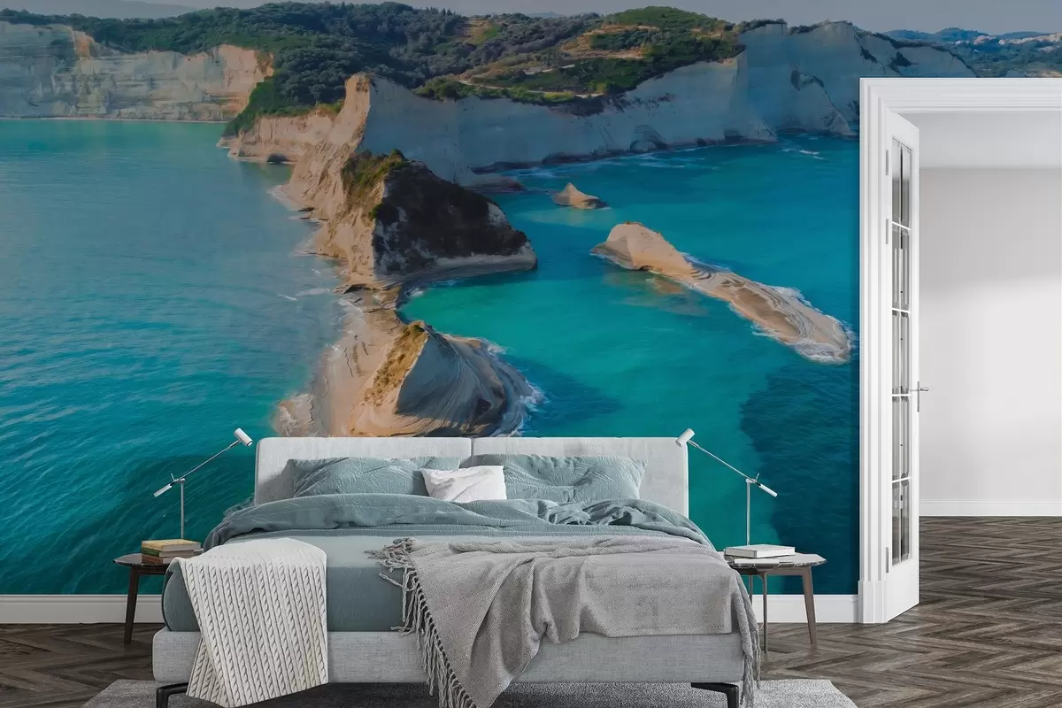 wall murals Greece island, oil style texture, sea coast, aquamarine water, realism w04094