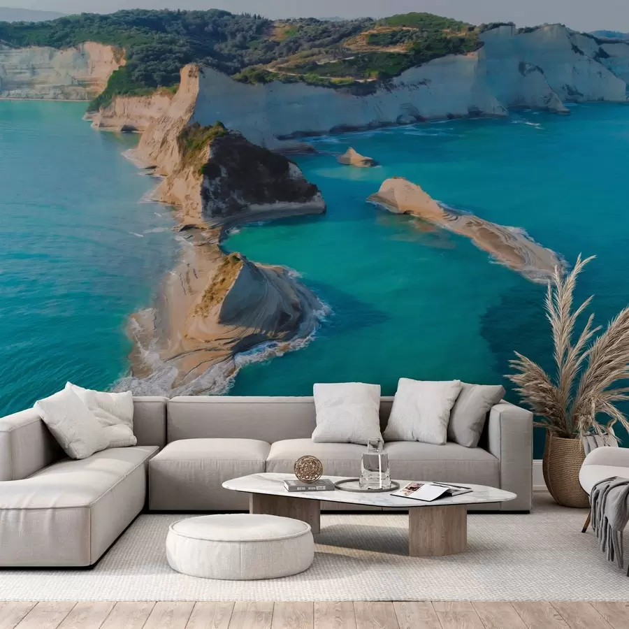 wall murals Greece island, oil style texture, sea coast, aquamarine water, realism w04094