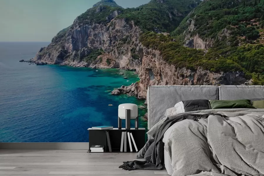 wall murals Rock mountains near the sea, oil style drawing, aquamarine water w04096