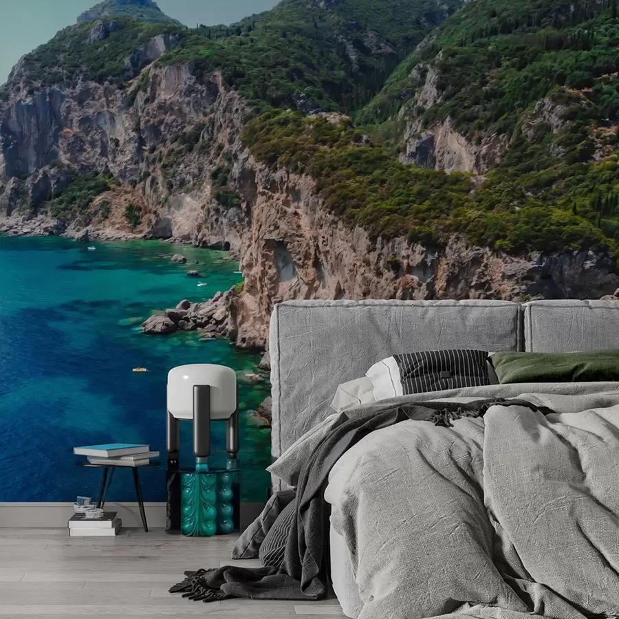 wall murals Rock mountains near the sea, oil style drawing, aquamarine water w04096