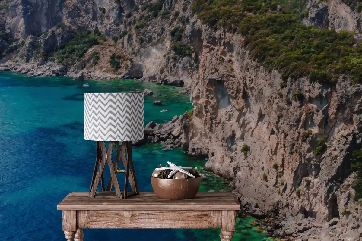 wall murals Rock mountains near the sea, oil style drawing, aquamarine water w04096