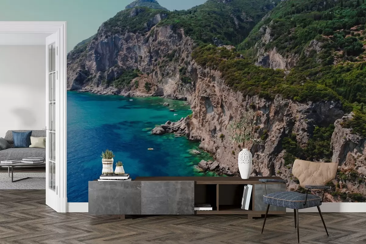 wall murals Rock mountains near the sea, oil style drawing, aquamarine water w04096
