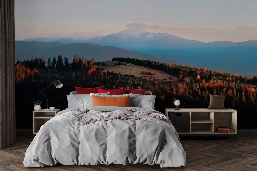 wall murals Carpathian mountains, oil style texture, autumn forest, sunset sky w04098